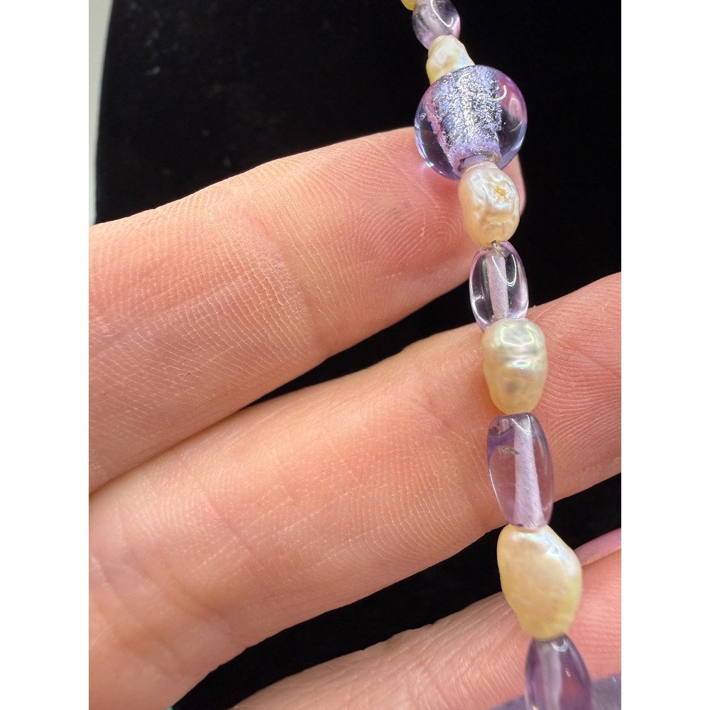 Artisan Venetian Glass Silver Foil Square Bead & Freshwater Pearl Necklace 19" - Picture 10 of 15
